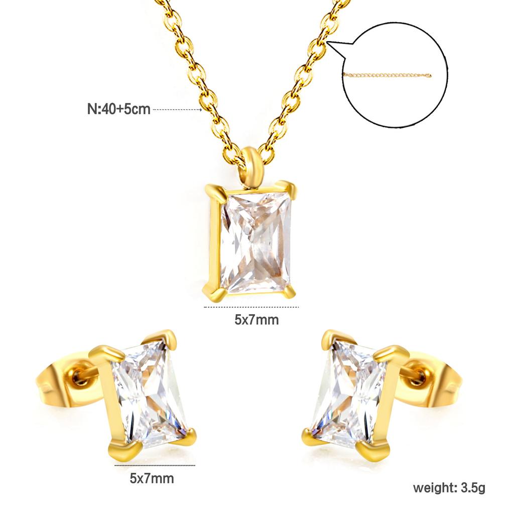 Square White Zircon Earrings And Necklace Set Classic Versatile Women's Jewelry Fade Resistant