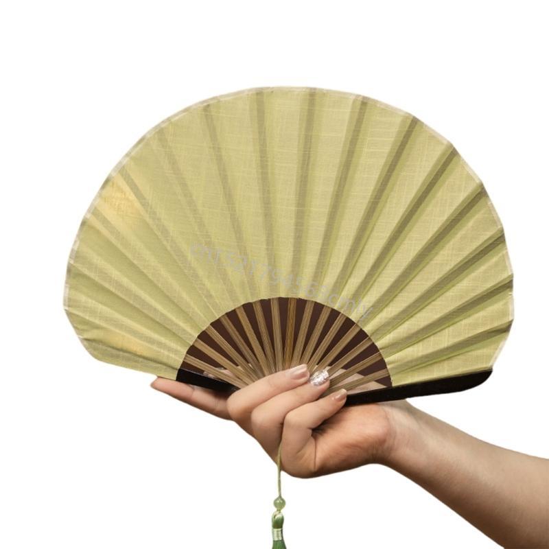 Solid Color Shell Fan Natural Fiber Fabric Foldable Breathable Handheld Retro Cooling Fan 6XDE