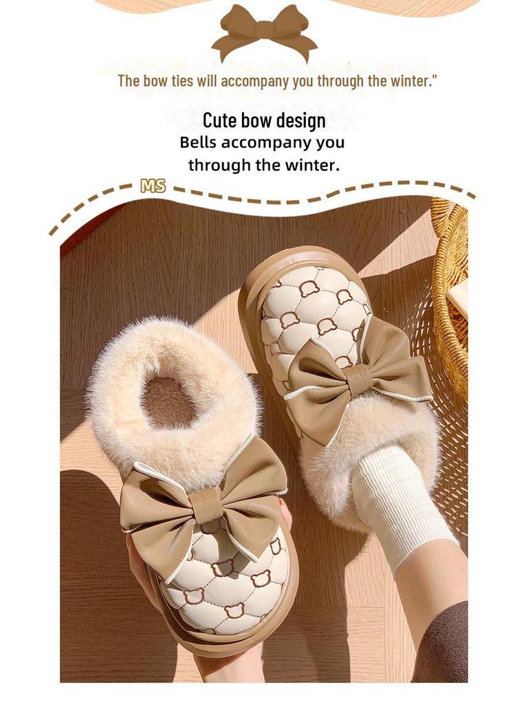 Damen Plus Samt Rutschfeste Schleife Absatz Baumwollpantoffeln für Herbst & Winter - Warm, Dicke Sohle, Für den Außenbereich geeignet