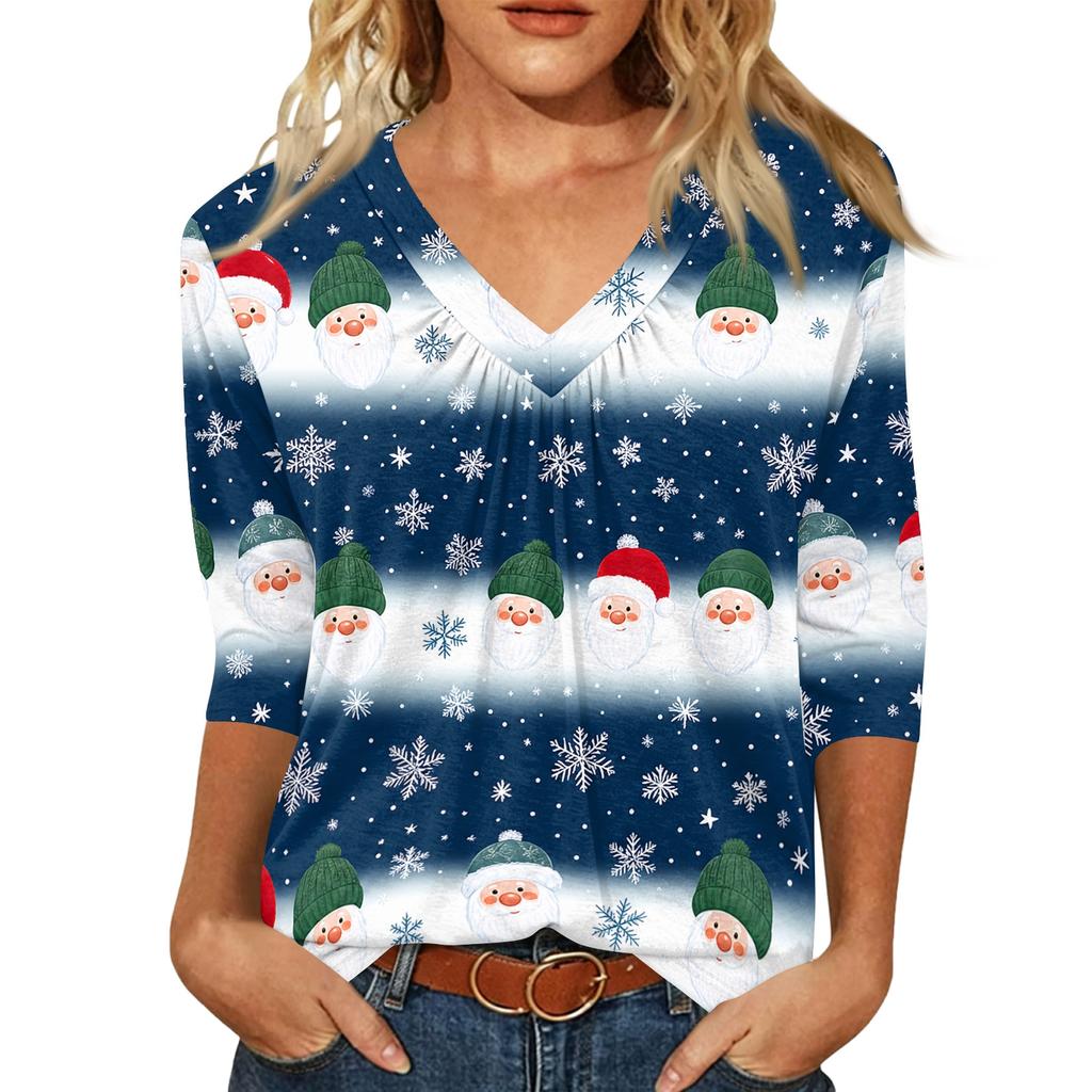 Women's Fashion Casual V-Neck Christmas Print 3/4 Sleeve Top for Holiday Party Wear