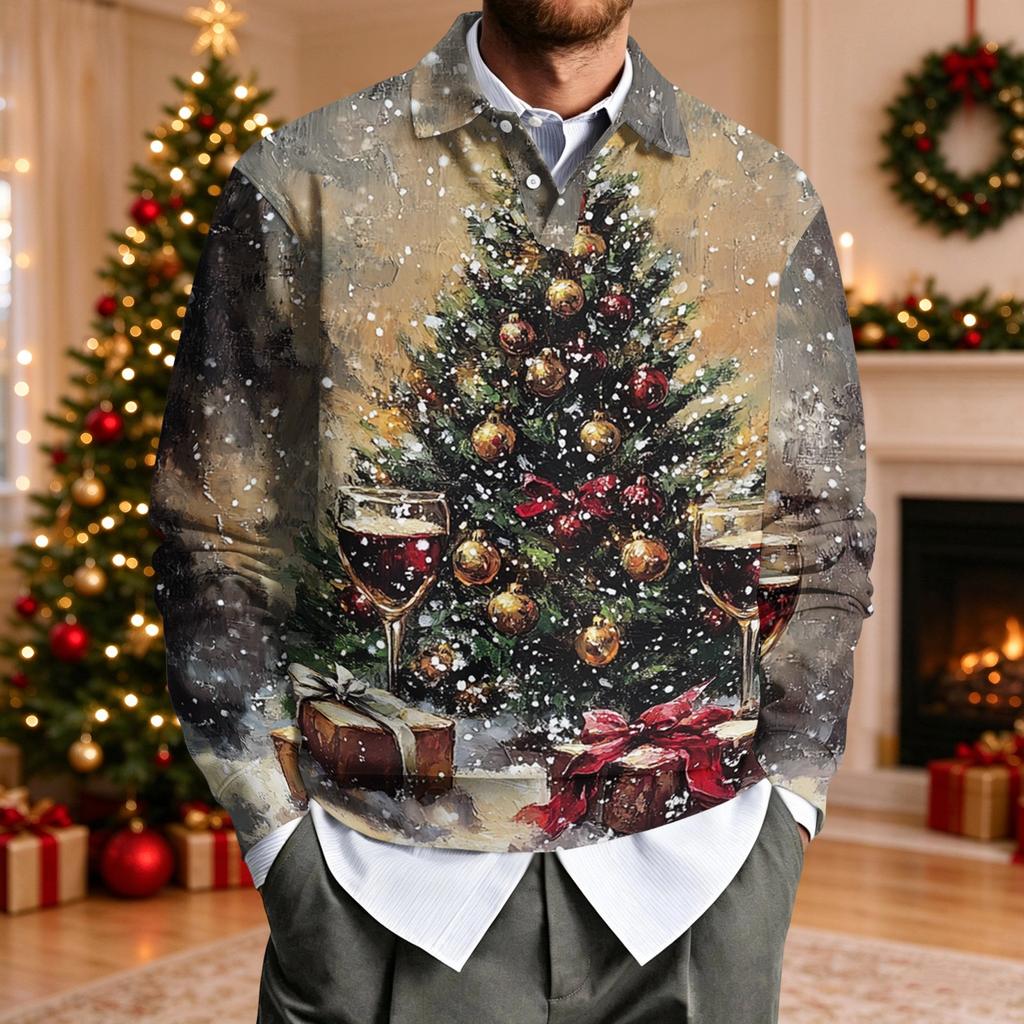 Men's Casual Loose Fit Long Sleeve Collared Shirt with Christmas Print for Holiday Parties