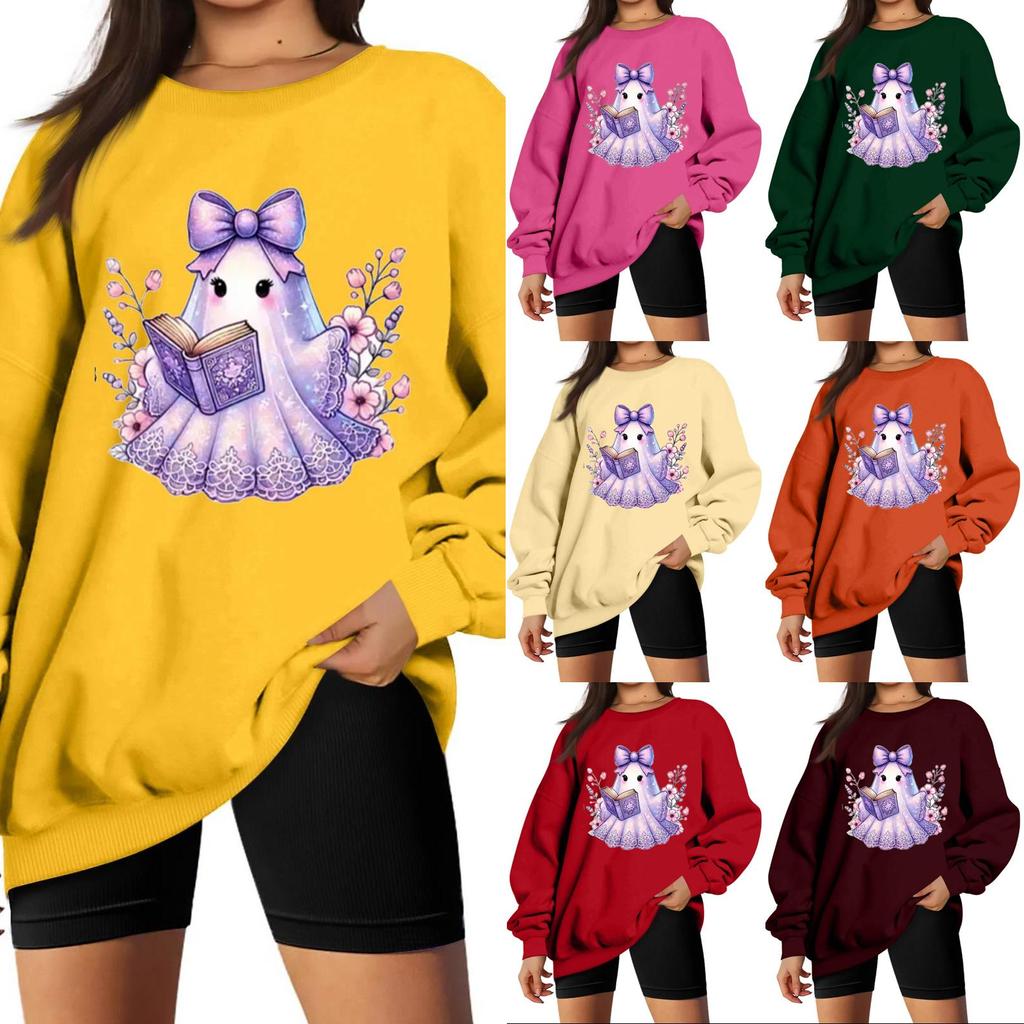 Women's Color Long Sleeve Neck Sweatshirt with Halloween Print Casual Loose Fit Pullover Top