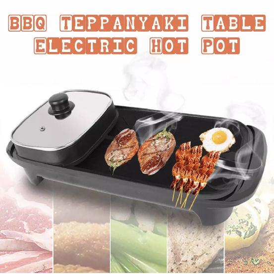 Korean Style 2 in 1 Electric Multi Cooker Barbecue Pan Hot Pot Cooker Electric Smokeless Barbecue BBQ Grill Non-Stick Coating Hotpot Roasting Baking