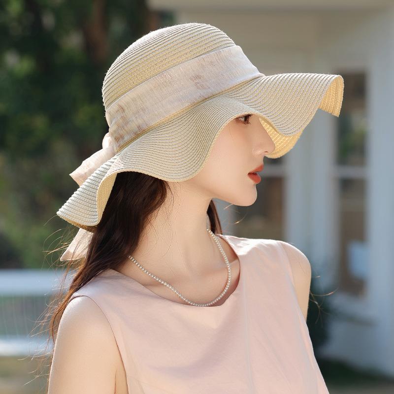 Summer New Hat Women's Summer Outdoor Lafite Straw Hat Big Wave Bow Sun Hat Sun Hat