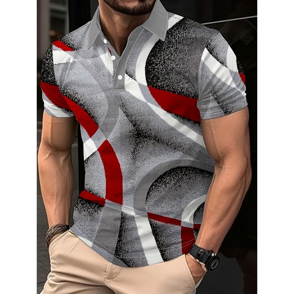 Men s Geometric Button Polo Shirt, Golf Shirt, Short Sleeved Polo Shirt Collar, Casual Vacation - Suitable for Daily Wear S