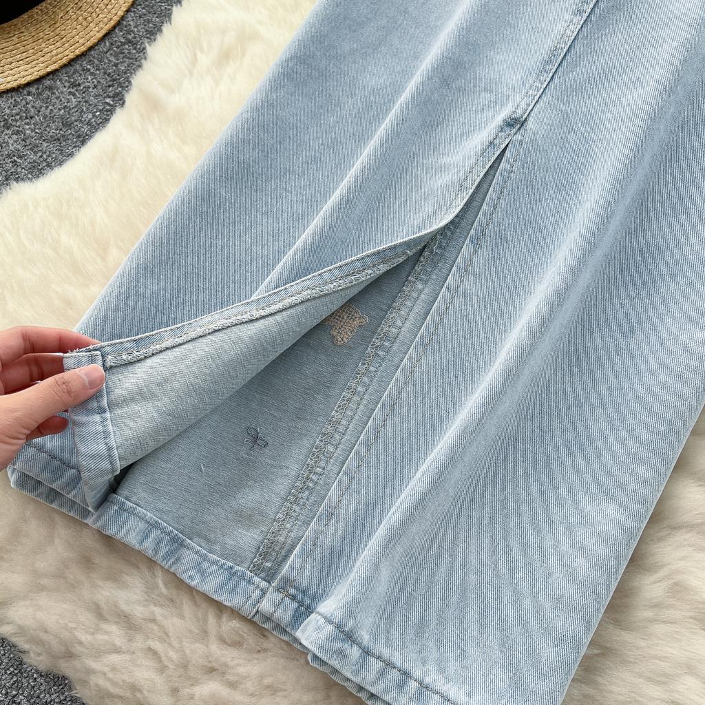 Léto Podzim Dámská Ležérní Výšivka Pes Vysoký Pas Dlouhá Midi Tužková Džínová Sukně