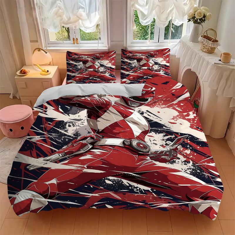 3pcs Red Ranger in Action Printed Quilt Set - Includes 1 Quilt Cover and 2 Pillowcases, Machine Washable - Suitable for All Seasons.W071