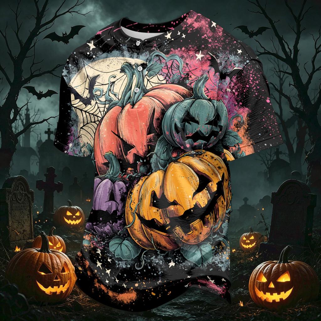 Men's Casual Button Collar Lightweight Breathable Short Sleeve Shirt Halloween Themed Printed Design Comfortable Fit