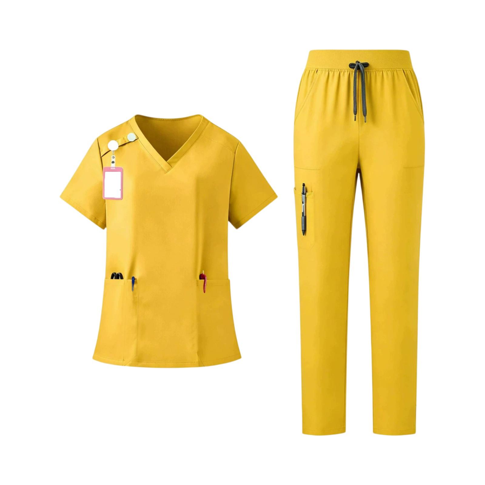 Damen-Set: V-Ausschnitt Kurzarm-Oberteil mit Taschen und Kordelzug-Hose, Schnelltrocknend, Farbuniform für medizinisches Personal XXL gelb
