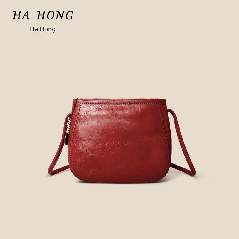 

Hahong New First Layer Cowhide Casual Simple and Popular Work Clothing Small Bag Horseshoe Bag Women s Fashion All-Matching Genuine Leather Bag Red