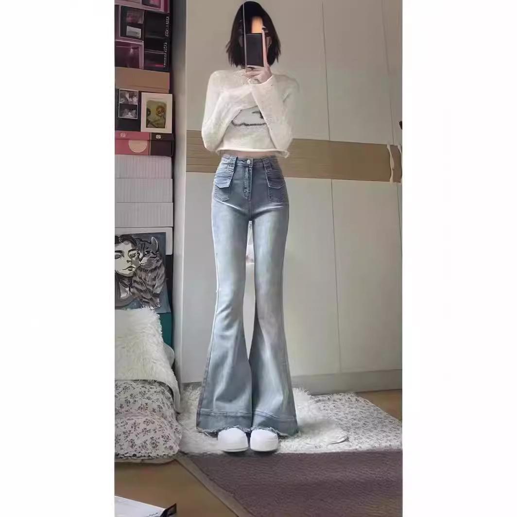 

American Style High Waist Flared Jeans - Women s Slim Fit Elastic Bootcut XL синий