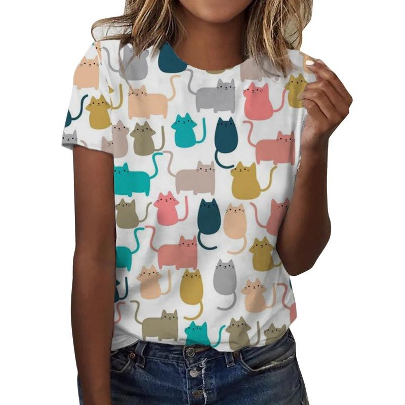 New Cute Cat T-shirt Animal Cat 3D Printed Women's Summer Round Neck Short sleeved T-shirt Harajuku T-shirt Women's Clothing