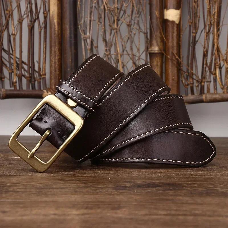 3.8 Cm Thickened Pure Cowhide Genuine Leather for Men's High Quality Jeans Brass Buckle Belts Cowboy Waistband Male Designer