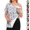 Women Postoperative Short Sleeve Floral Print Shirt with Shoulder Zipper and Side Hook and Loop Closure for Easy Dressing Comfort