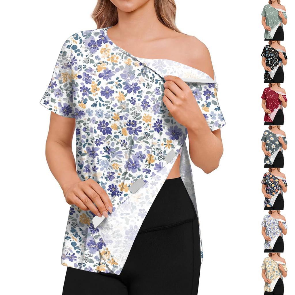 Women Postoperative Short Sleeve Floral Print Shirt with Shoulder Zipper and Side Hook and Loop Closure for Easy Dressing Comfort