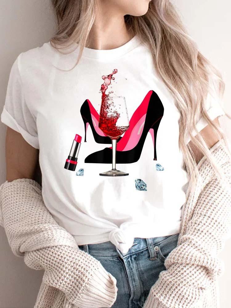 Modisches bedrucktes High-Heel-T-Shirt für Damen Modisches weißes Kurzarm-T-Shirt mit Schleifendesign Lässiges Home-Top für Mädchen