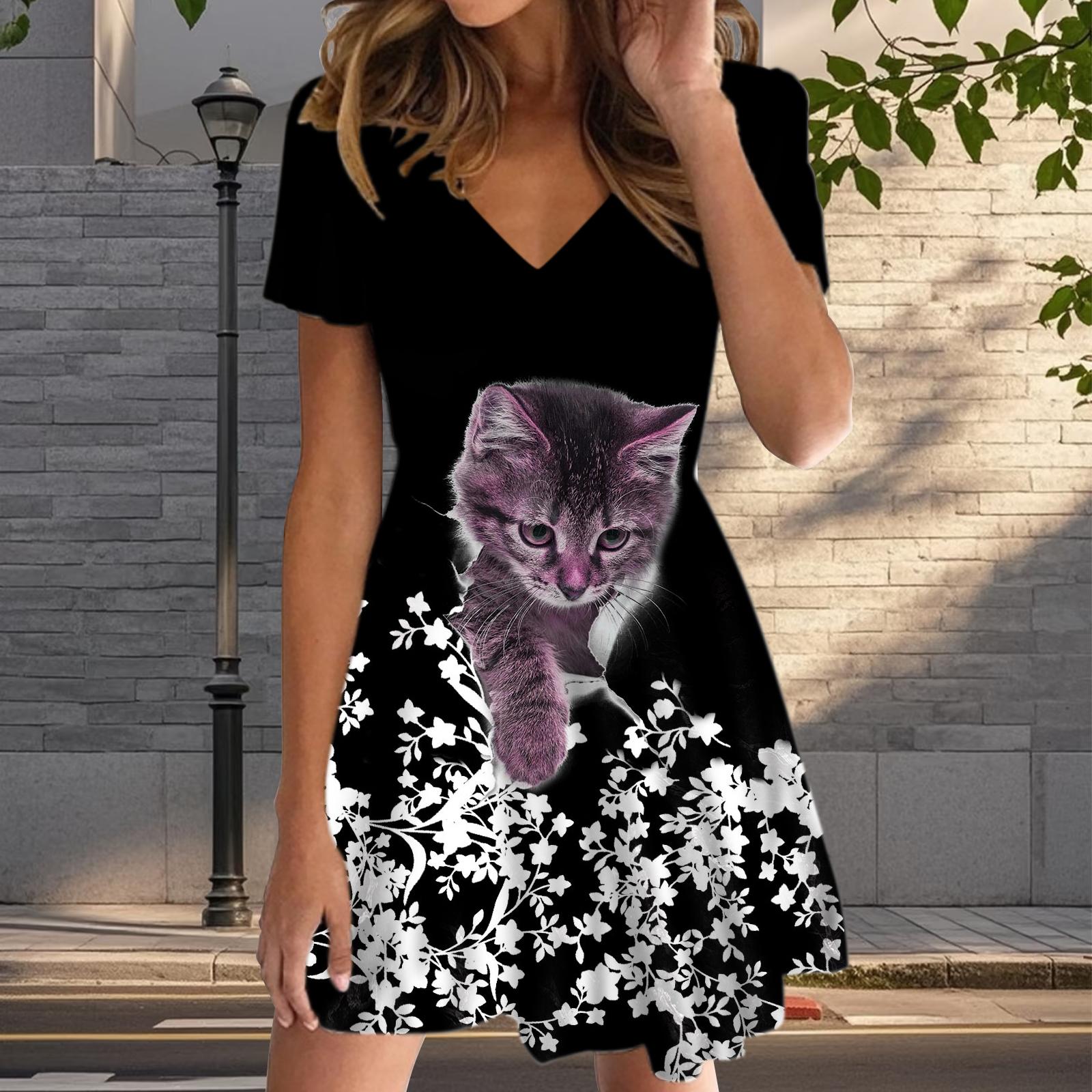 

Летняя мода женские V-образный вырез короткий рукав милый котенок принт платье сексуальные короткие юбки платья 8XL