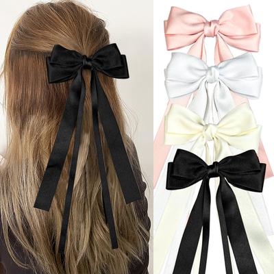 Lot de 2 barrettes à cheveux vintage en ruban de couleur unie avec double nœud pour femmes et filles, style coréen, grand nœud, long pompon, accessoires pour cheveux