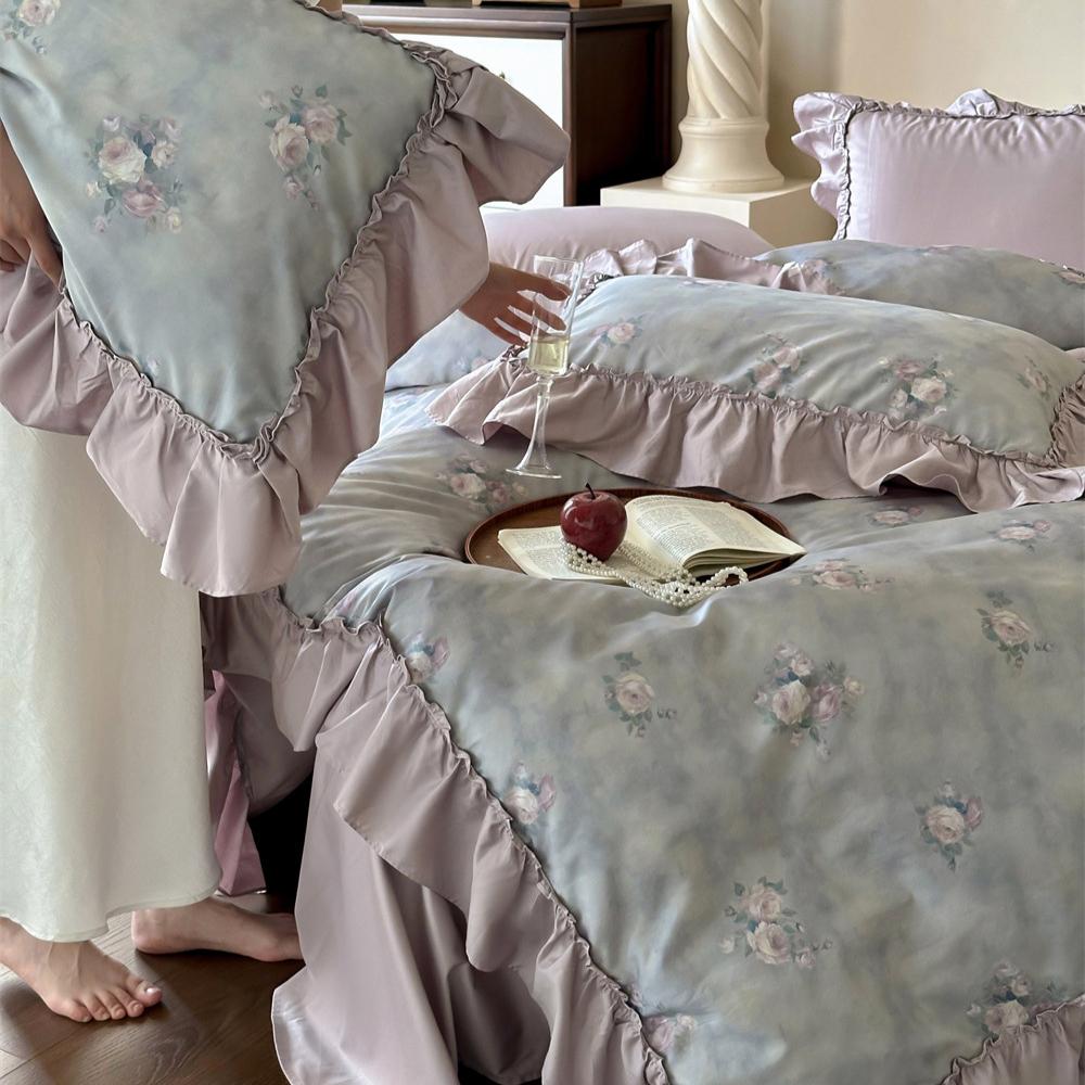 Cotton Bedding Four-piece Rose Printing Skin-friendly Breathable Comfortable Quilt Cover Bed Sheet Pillowcase Kit