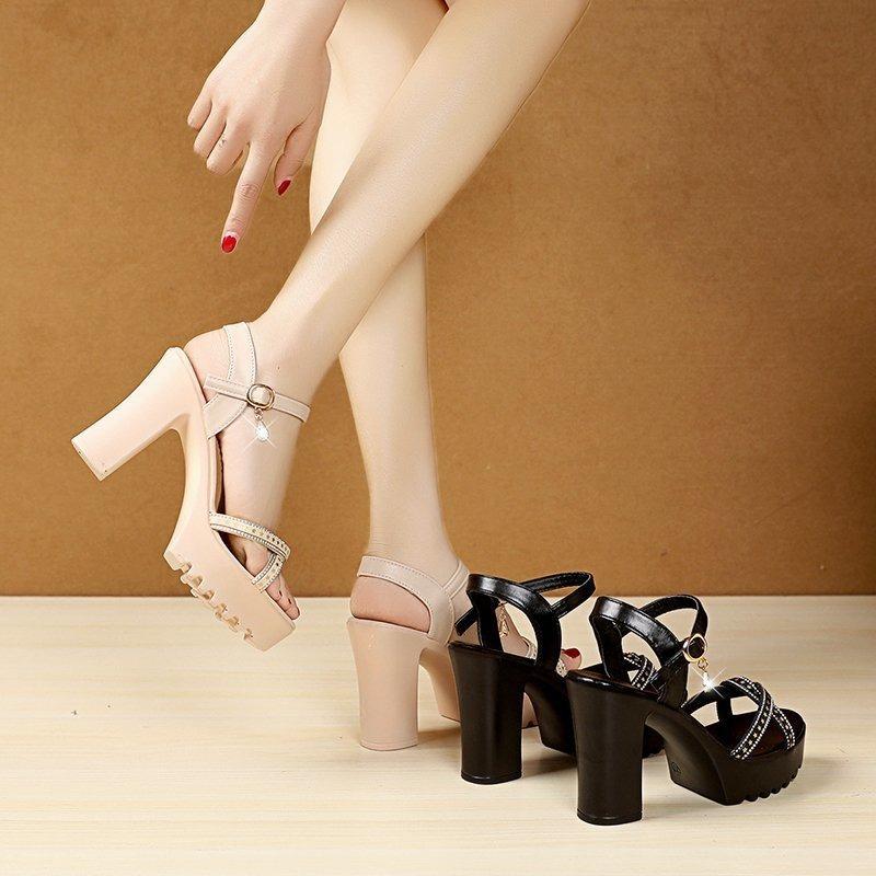 Shining Rhinestone Thick Heel High-heeled Sandals for Women's Summer New Comfortable and Simple Buckle Fashion Sandals