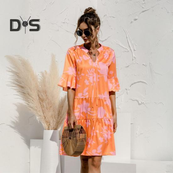 Women's Summer Mini Dress Puff Short Sleeve V Neck Pleated Dress Boho Printed A-Line Short Dress Beach Vacation Tiered Flowy Sundress