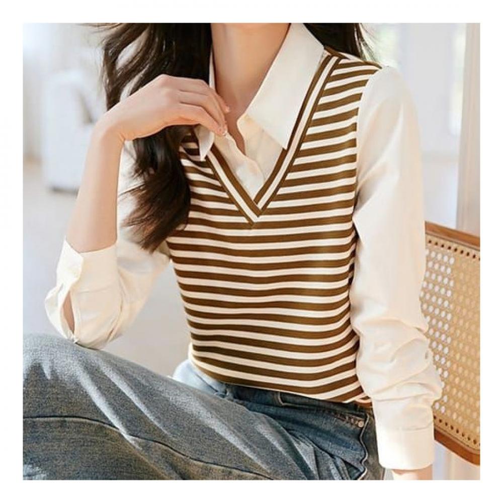 Navava Casual Two In One Stripe Long Sleeve Collar Shirt Nb1940