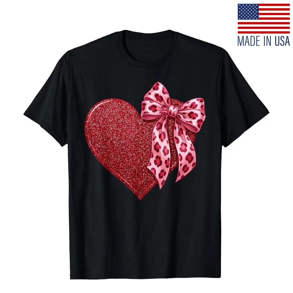 Valentines Day Hearts Leopard Coquette Bow Women Girls T- Shirt L