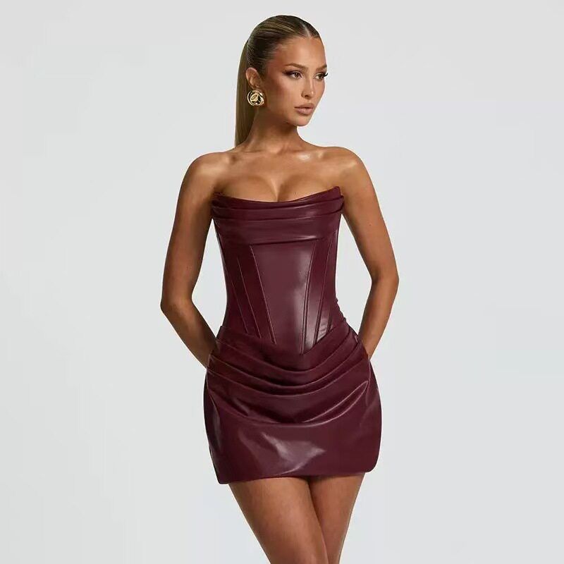 European and American Style Sexy Short Dress, New Leather Sexy Strapless Dress with One-Shoulder Neckline and Tie-Waist Dress. Sexy Dress Reddish Brown XS