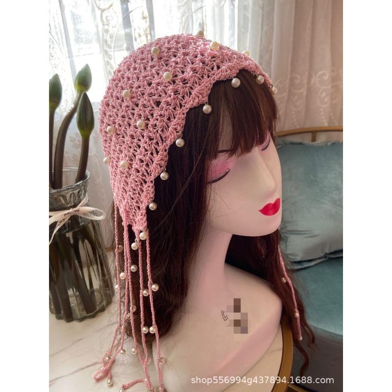 Spring and summer handmade hat women's pearl fringed hook knitted hat retro hollow headgear versatile headscarf hat