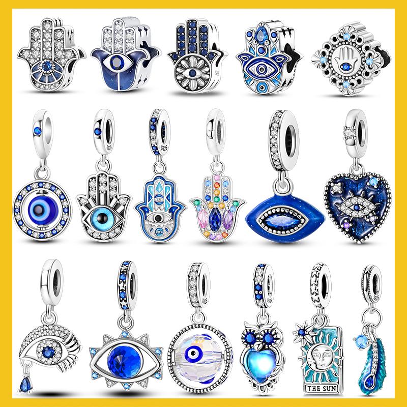 925 Silver Charms Beads Colorful Palm and Blue Eyes Pendants For Women Girls Bracelet Necklace Making Gifts