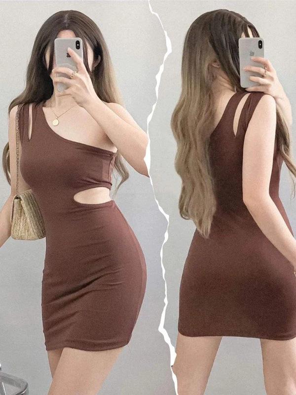 Celebrity Irregular Hollow Suspender Female Design Sense Niche Slim Sexy Hip Wrap Dress S кофейный