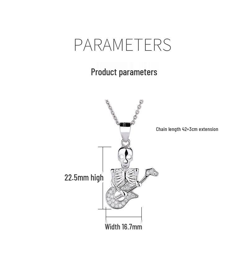 925 Sterling Silver Vintage Skull Guitarist Pendant Necklace - Unisex European American Hip Hop Punk Style Clavicle Chain