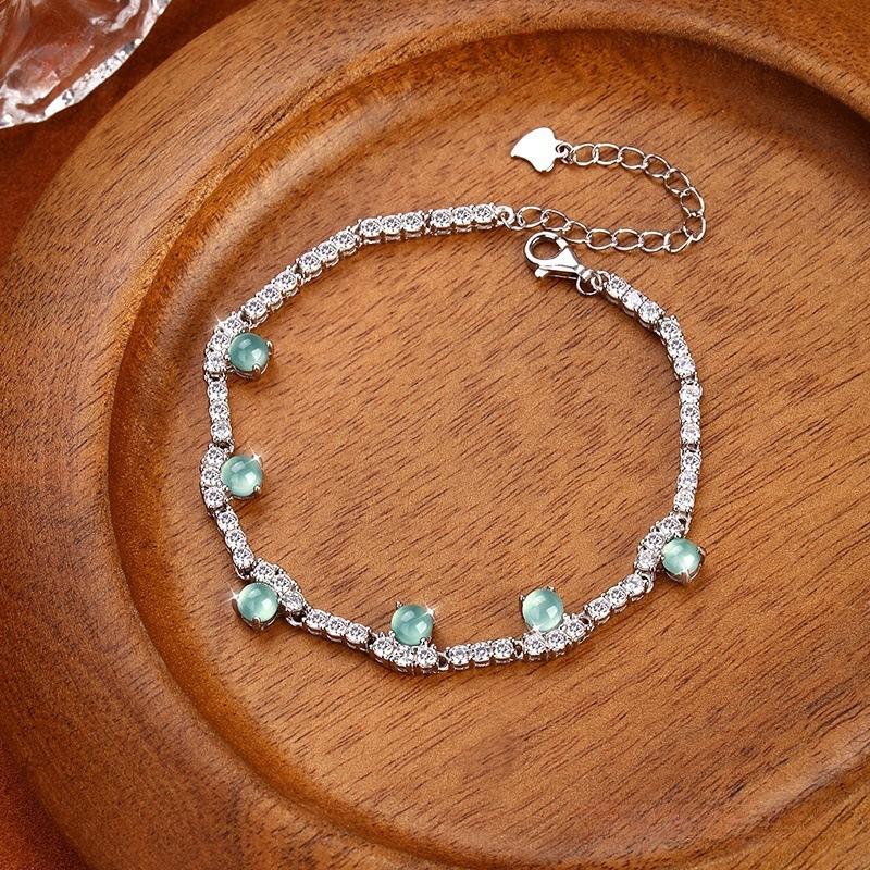 

Natural jadeite blue water jewelry s925 sterling silver bracelet women s high-end retro exquisite sense versatile and non-fading silver jewelry gift