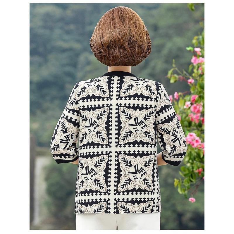 Women's New Spliced Pullover Round Neck Button Printed Fashionable Loose Centre Sleeve Shirt