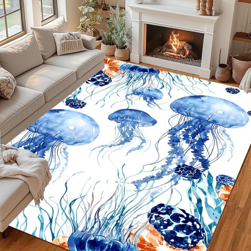 Coastal Ocean Starfish and Seashell Area Rug Blue Gradient Nautical Print Carpet Non-Slip Indoor Floor Mat for Living Room