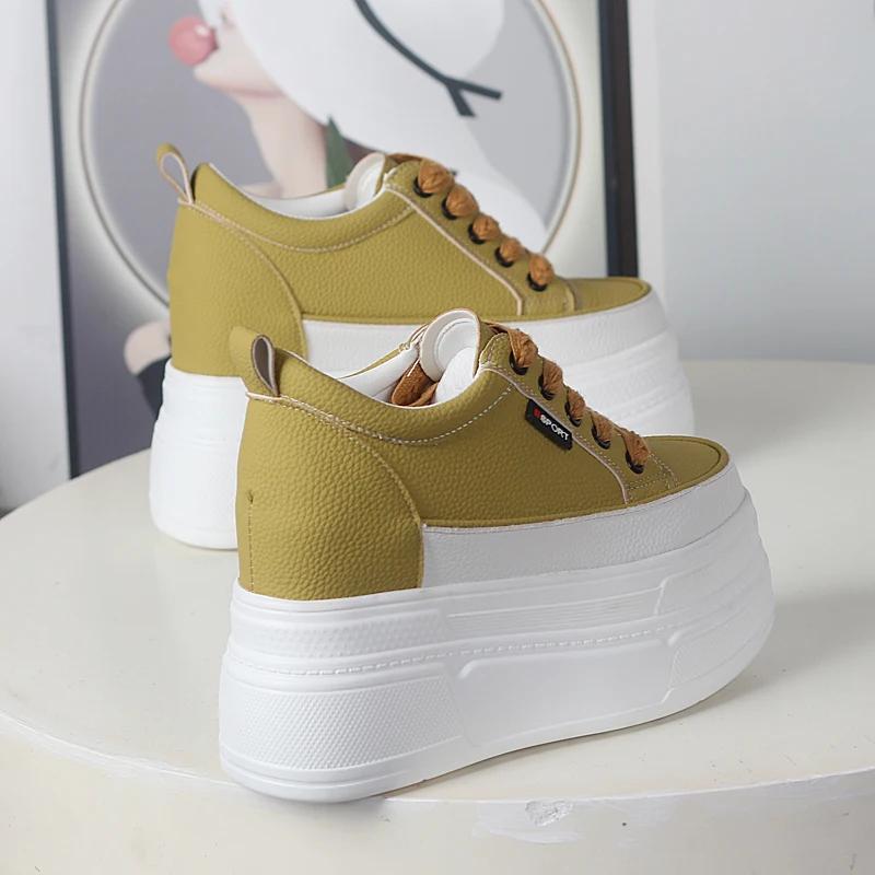 Fashion 12CM Cow Genuine Leather Women Skate Boarding High Brand Chunky Sneaker Casual Vulcanized Shoes Platform Wedge Stable Shoes