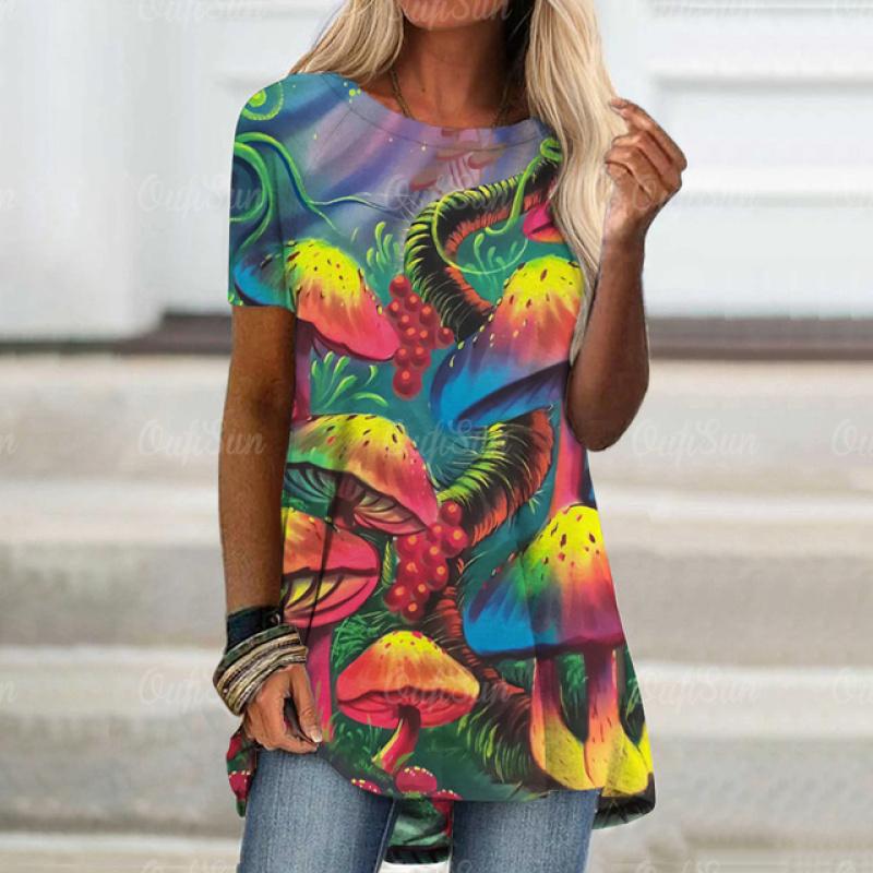 Πολύχρωμο γυναικείο μπλουζάκι με στάμπα με μανιτάρια Summer O Neck Loose κοντομάνικο μπλουζάκια για γυναικεία Street Casual Tees Γυναικεία καθημερινά ρούχα