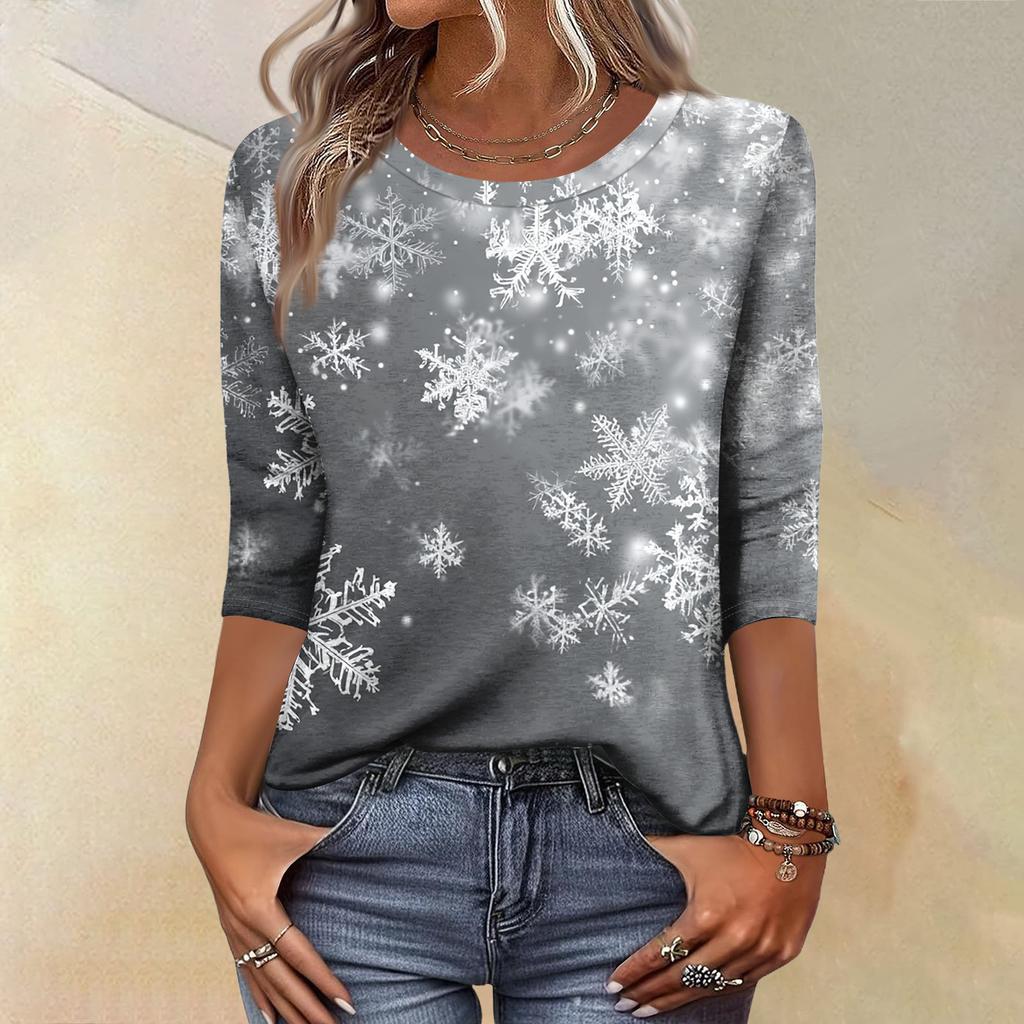 Women's Fashion Casual Christmas Tree Printed Round Neck Three-Quarter Sleeve T-Shirt Top