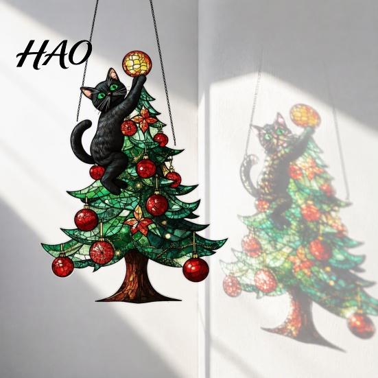 Snowman Party Ornament Christmas Suncatcher, Stained Glass Style Window Hanging Ornament, Cute Cat Santa Black Gift Claus Sun Catchers for Tree Porch