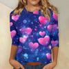 Damenoberteile Dreiviertelärmel Rundhals Loses T-Shirt mit Valentinstags-Print
