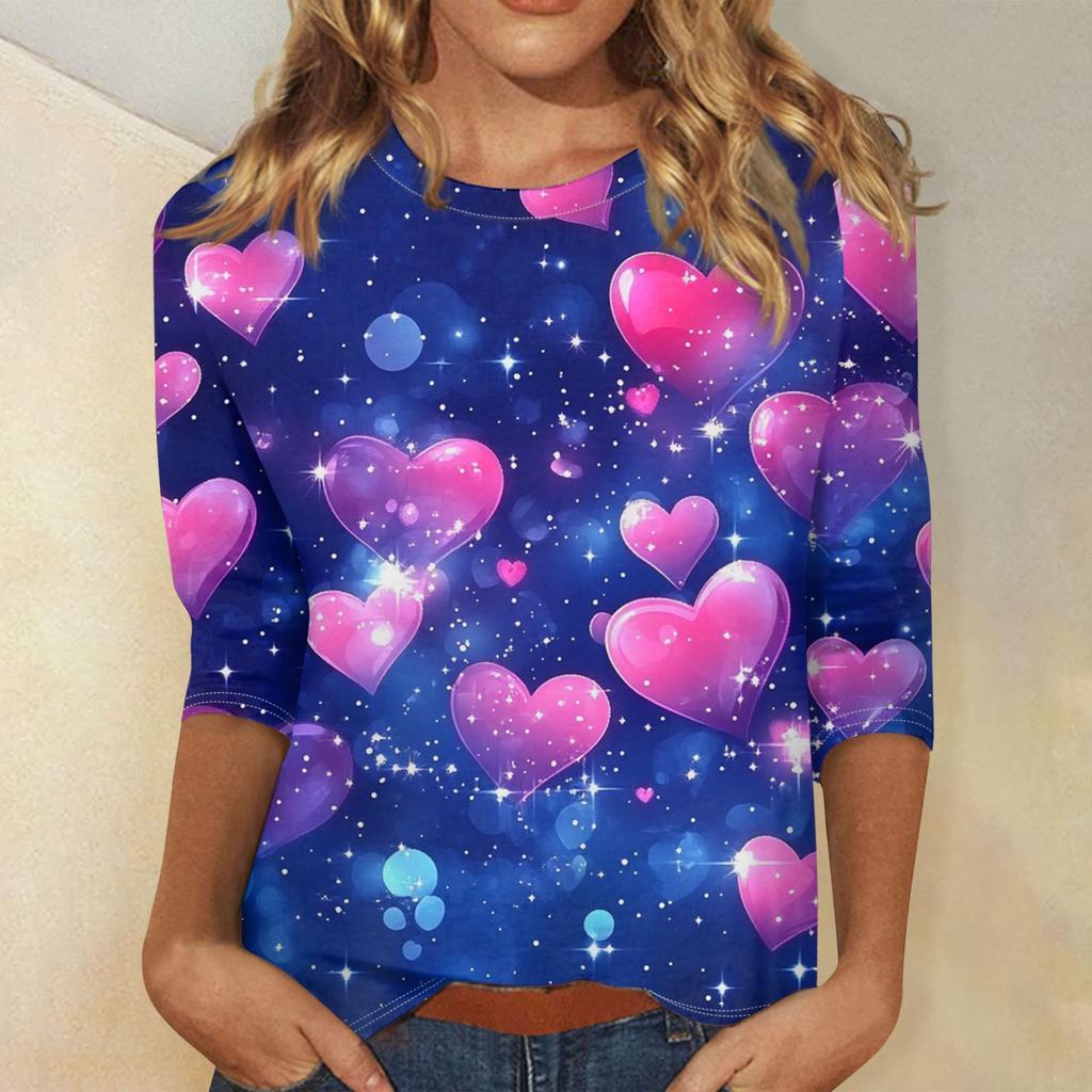 Damenoberteile Dreiviertelärmel Rundhals Loses T-Shirt mit Valentinstags-Print