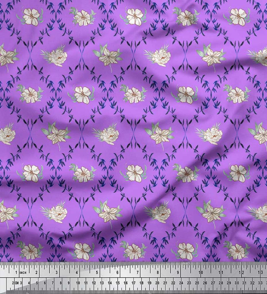 Soimoi Green Poly Crepe Fabric Azalea & Peony Damask Print Fabric by metre 42 Inch