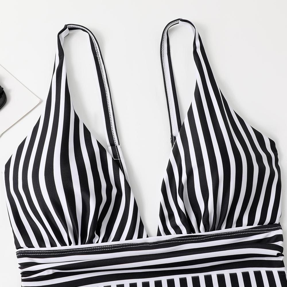 Sweet Striped V-Neck Backless One-Piece Swimsuit by Xingcheng