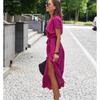 Women Floral Print Long Dresses Summer Sexy V Neck Split Lace-up Dress Female Casual Elegant Short Sleeve Beach Dress Vestidos