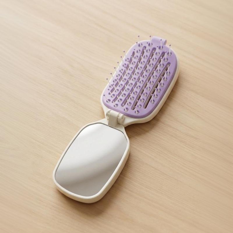 2 In 1 Travel Folding Hair Comb With Built-In Makeup Mirror One Key Hair Remover Air Cushion Detangling Scalp Massage Hairbrush