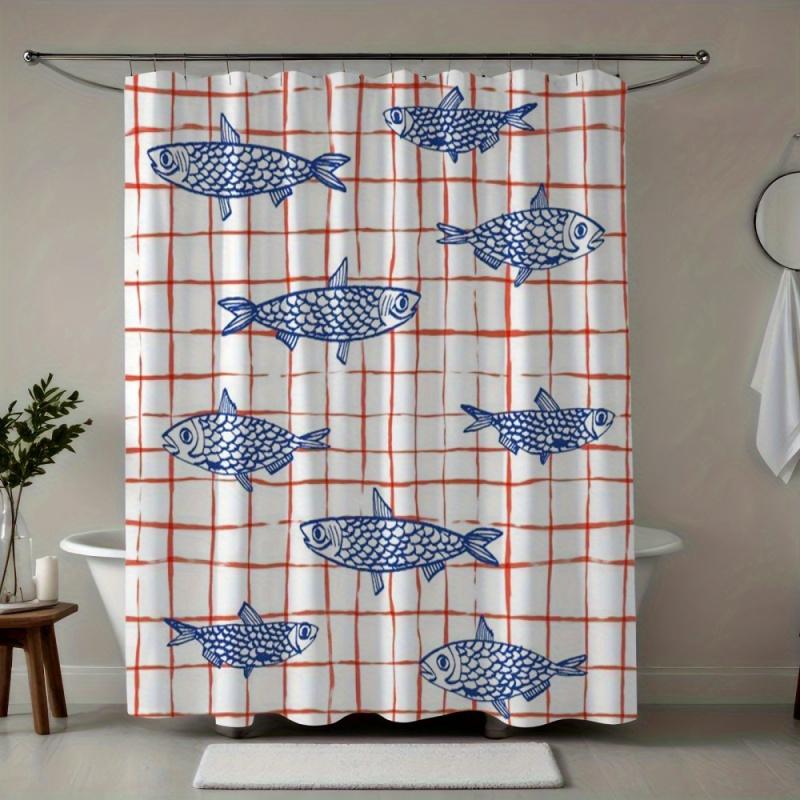 Checkered Fish Pattern Printed Shower Curtain Patterned Shower Curtain For Bathroom Separation And Decoration