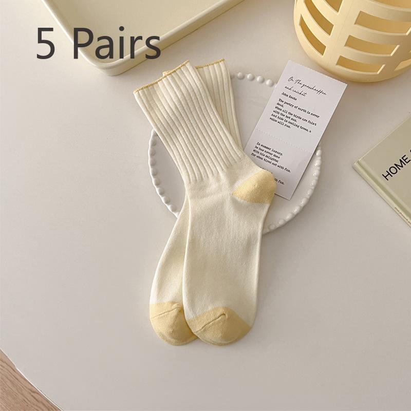 5 Paar Damen Frühling und Herbst Einfache Kontrastfarbene Baumwoll-Kniestrümpfe