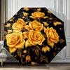 Automatic Folding Umbrella Yellow Roses On Black Background. Portable Collapsible Design, Casual Outdoor Accessory, Christmas