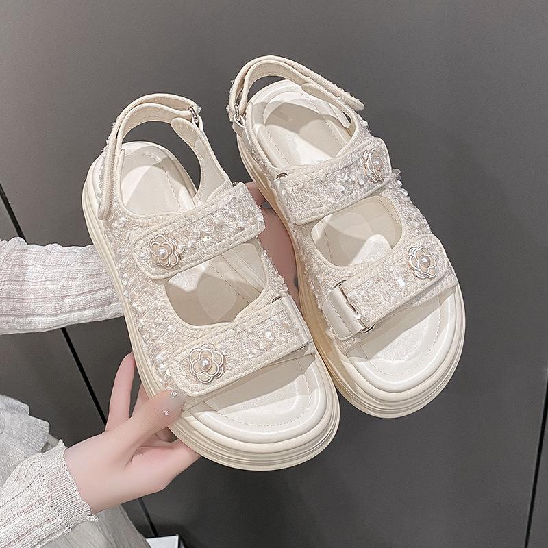 Sandals Women's Outer Wear 2025 Summer New Velcro Women's Shoes Sequins Platform Beach Shoes