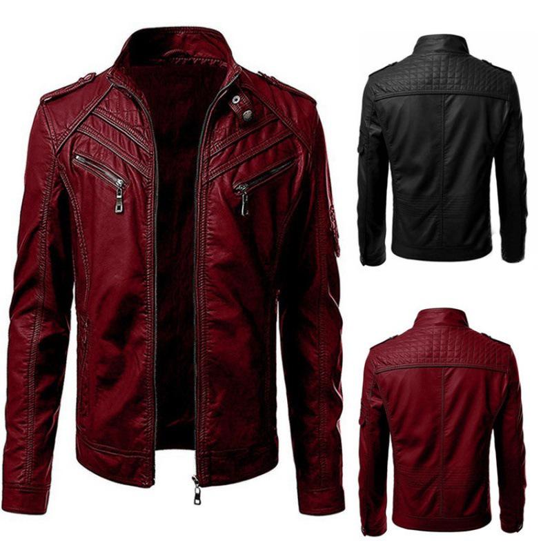 

2022 Winter Men s European Leather Jacket with Splicing and Stand Collar L